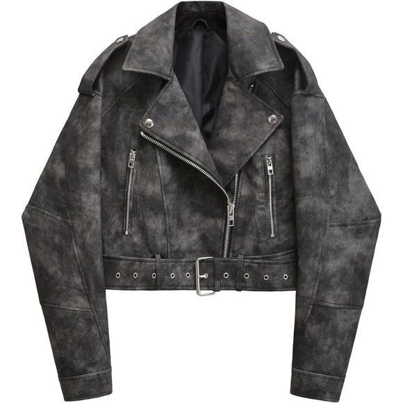 LY VAREY LIN Women Faux Leather black Casual jacket Short Coat with Belt - Picture 1 of 6
